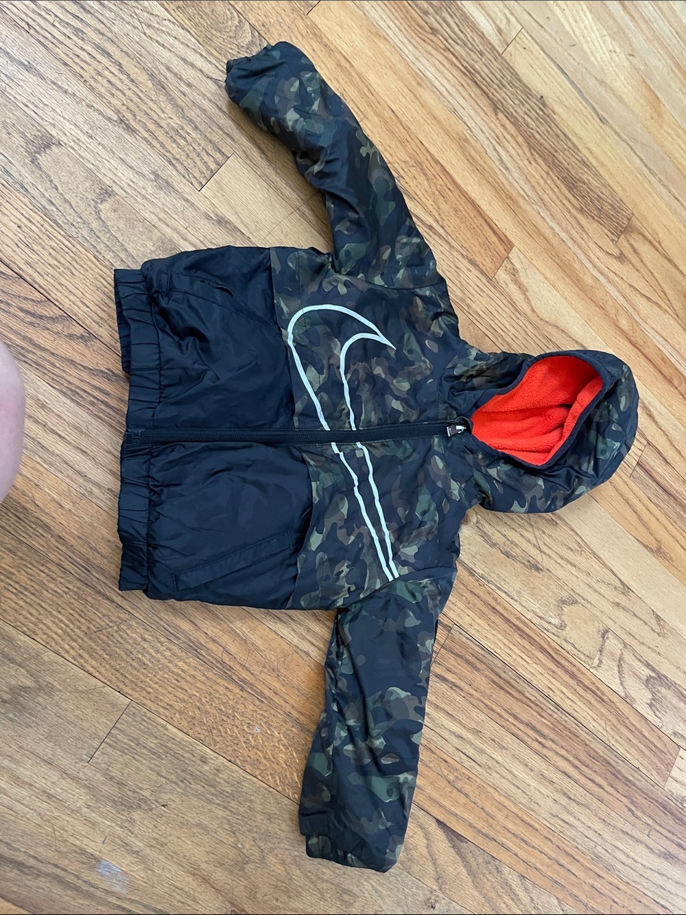 Nike Kids Camo Jacket with Black Panels and Orange Hood Lining